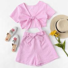 Shein Knot Front Checked Crop Top With Shorts