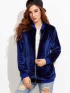 Shein Royal Blue Zip Up Oversized Velvet Bomber Jacket