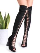Shein Black Suede Peep Toe Cross Strap Heeled Knee Boots