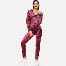 Shein Beaded Decoration Velvet Coat With Pants