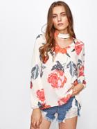 Shein Flower Print Choker Neck Blouse