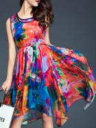 Shein Orange Tie-waist Print High Low Dress