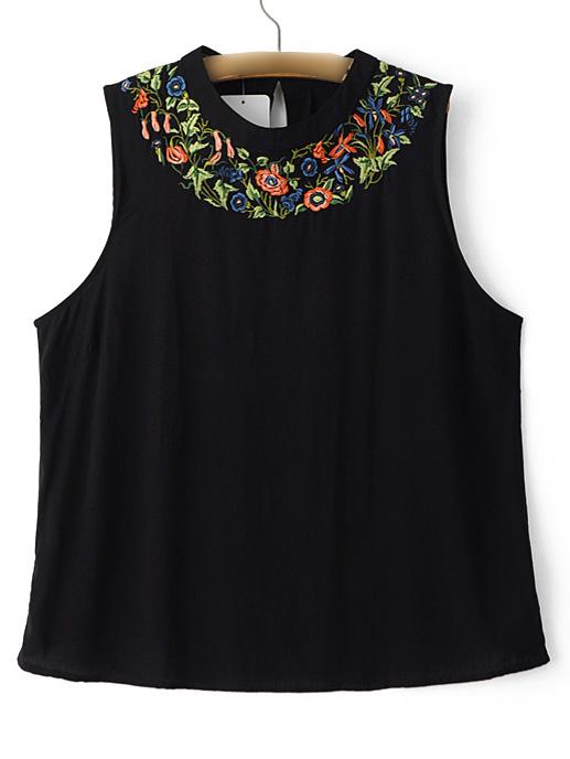 Shein Black Sleeveless Embroidery Tank Top
