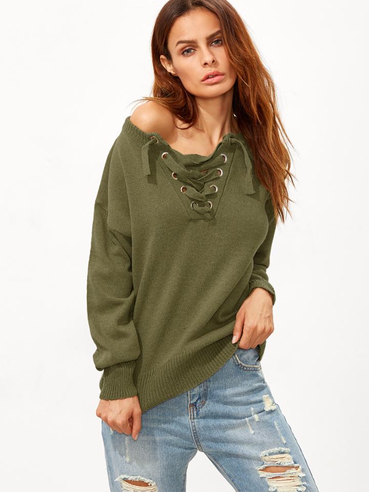Shein Army Green Lace Up Drop Shoulder Sweater