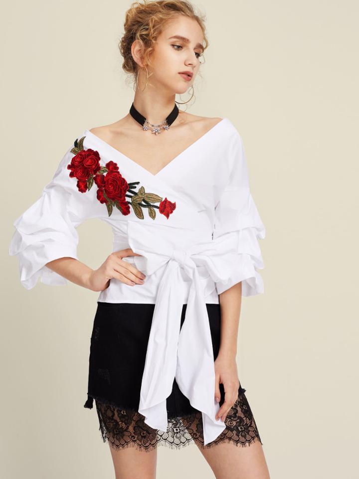 Shein 3d Flower Patch Ruched Sleeve Wrap Top
