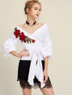 Shein 3d Flower Patch Ruched Sleeve Wrap Top