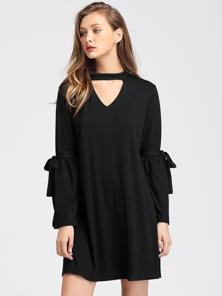 Shein V Cut Fluted Sleeve Tie Detail Dress