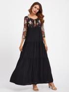 Shein Keyhole Tie Neck Embroidered Mesh Overlap Tiered Dress