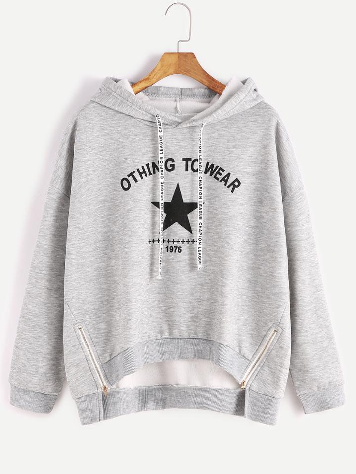 Shein Grey Hooded Letter Print Zipper Side High Low Sweatshirt