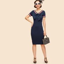 Shein V Neckline Knot Front Striped Dress