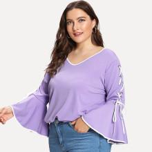 Shein Plus Contrast Binding Lace Up Trumpet Sleeve Tee