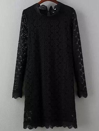 Shein Black Long Sleeve Scalloped Lace Dress