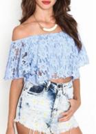 Rosewe Hot Sale Off The Shoulder Sky Blue Lace Tees