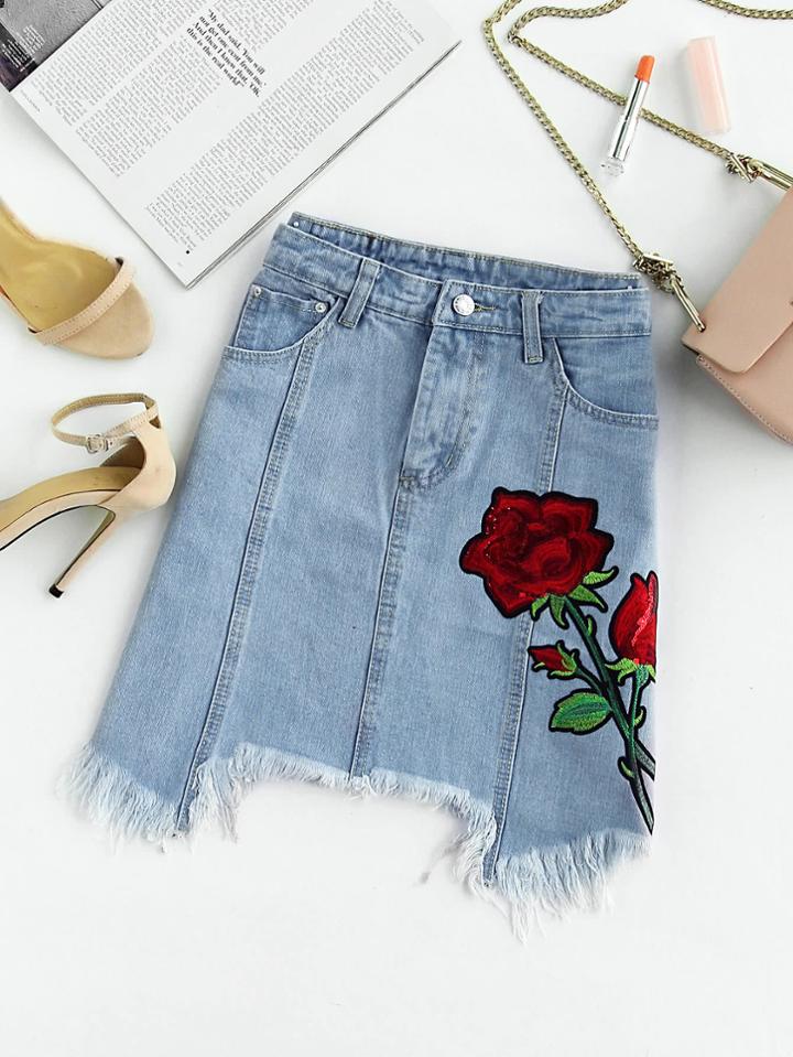 Shein Rose Applique Raw Hem Denim Skirt