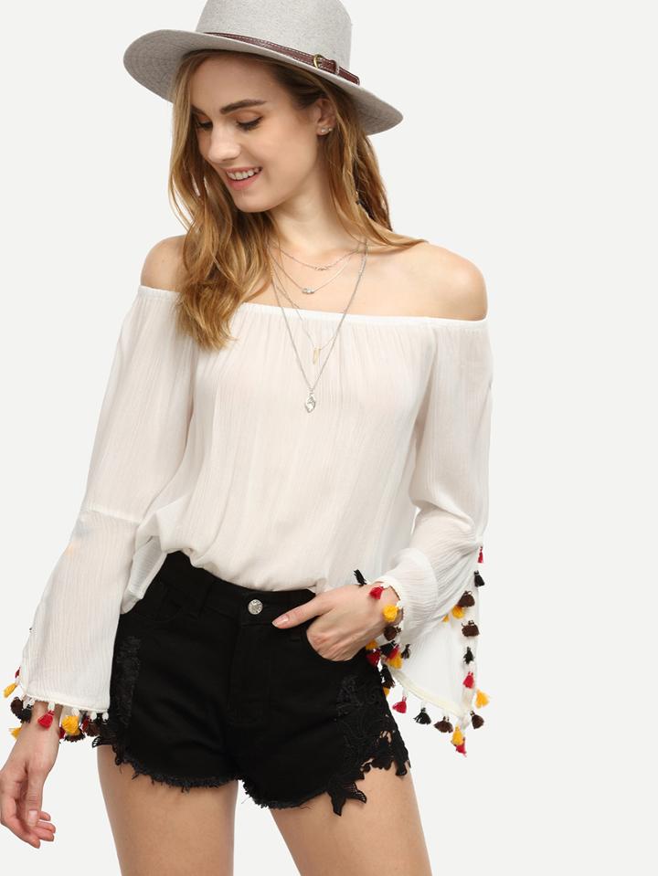 Shein White Tassel Trim Bell Sleeve Off The Shoulder Top