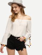 Shein White Tassel Trim Bell Sleeve Off The Shoulder Top