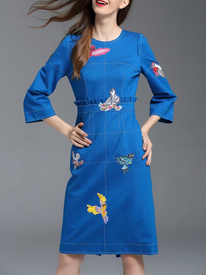 Shein Blue Birds Applique Pouf Sheath Dress
