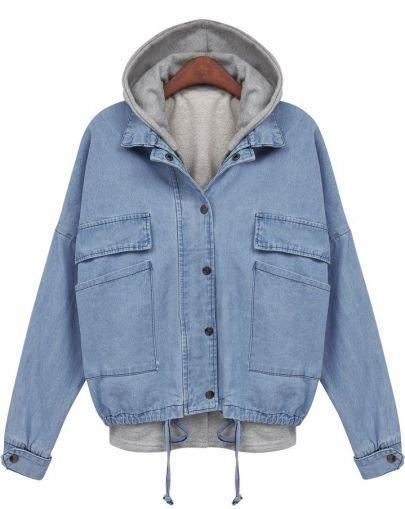 Shein Blue Hooded Long Sleeve Drawstring Denim Outerwear