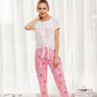 Shein Letter Print Knot Hem Top & Sweatpants Pj Set