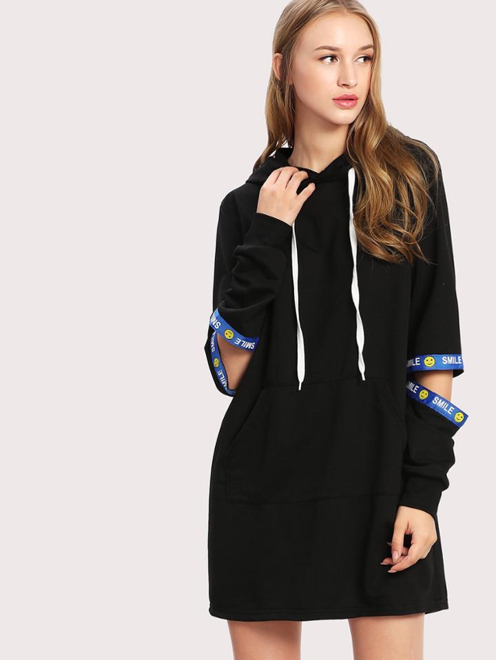 Shein Letter Ribbon Detail Ripped Hoodie Dress