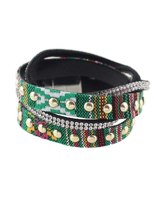 Shein Green Pu Leather Rhinestone Bracelet
