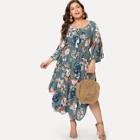 Shein Plus Tasseled Tie Bell Sleeve Asymmetric Floral Dress
