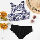 Shein Cutout Front Palm Leaf Print Bikini Set