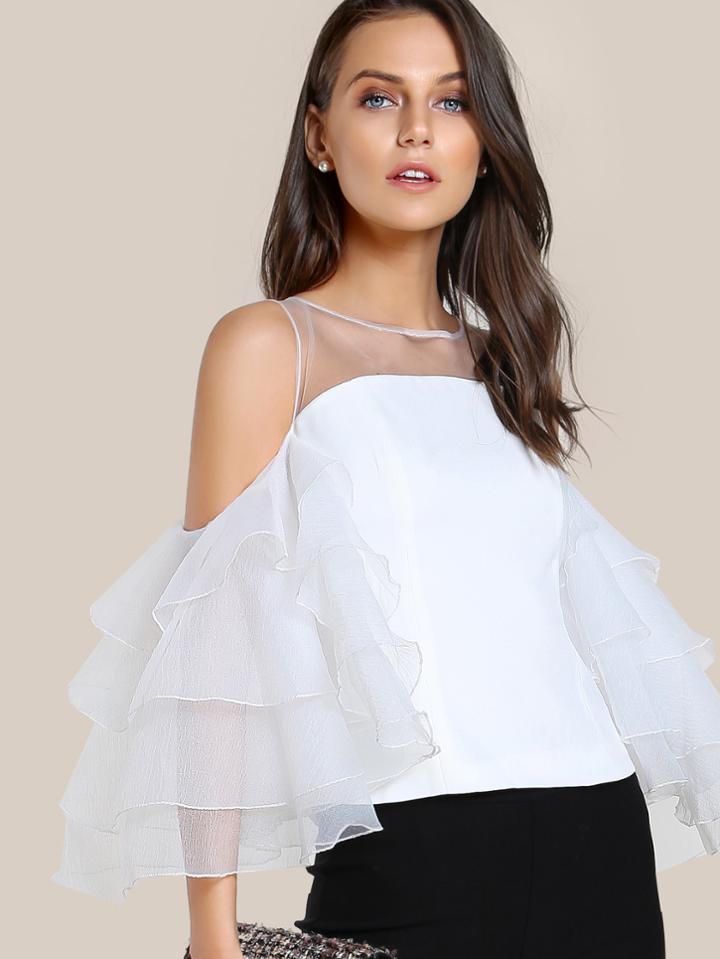 Shein Mesh Cutout Layered Ruffle Sleeve Top