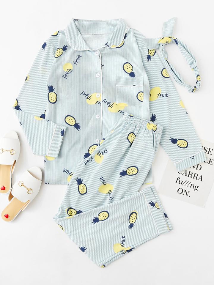 Shein Pineapple Print Striped Pajama Set With Headband