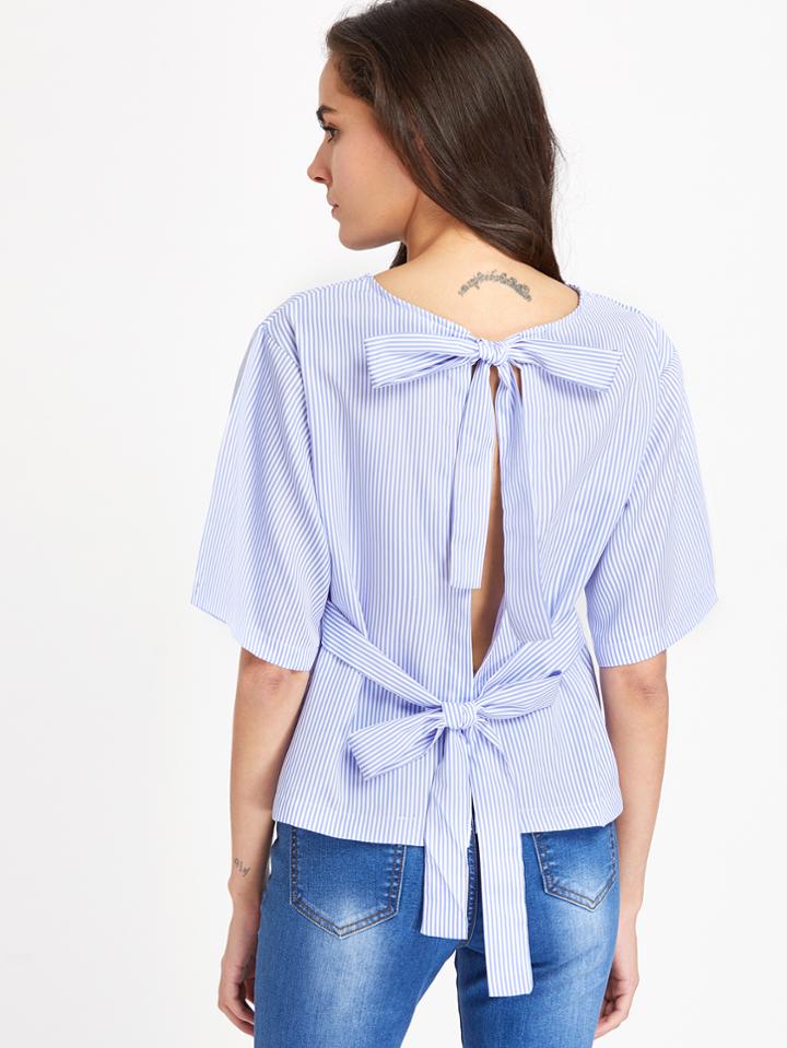 Shein Vertical Pinstripe Bow Tie Back Top