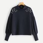 Shein Mock Neck Pearl Embellished Drop Shoulder Sweatshirt