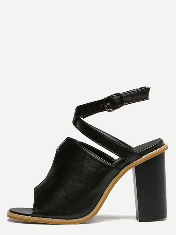 Shein Black Pu Peep Toe Ankle Strap Sandals