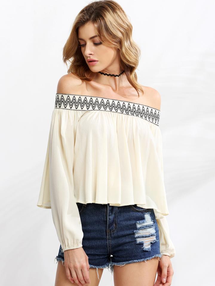 Shein Apricot Embroidered Smocked Off The Shoulder Top