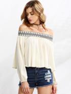 Shein Apricot Embroidered Smocked Off The Shoulder Top