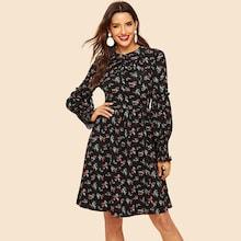 Shein Button Detail Shirred Panel Ruffle Floral Dress