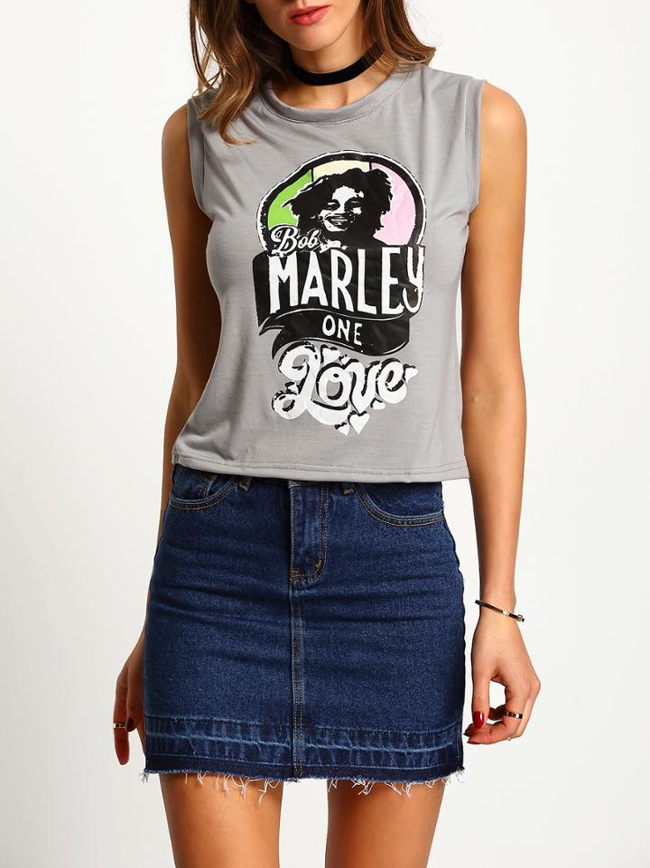 Shein Grey Crew Neck Portrait Letters Print Tank Top