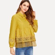 Shein Pearl Detail Lace And Organza Trim Smock Top