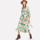 Shein Gathered Sleeve Ruffle Detail Tropical Wrap Dress