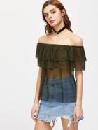 Shein Flounce Layered Neckline Sheer Dotted Mesh Top