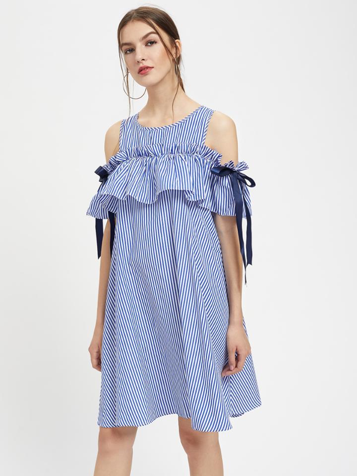 Shein Frill Cold Shoulder Bow Detail Swing Dress