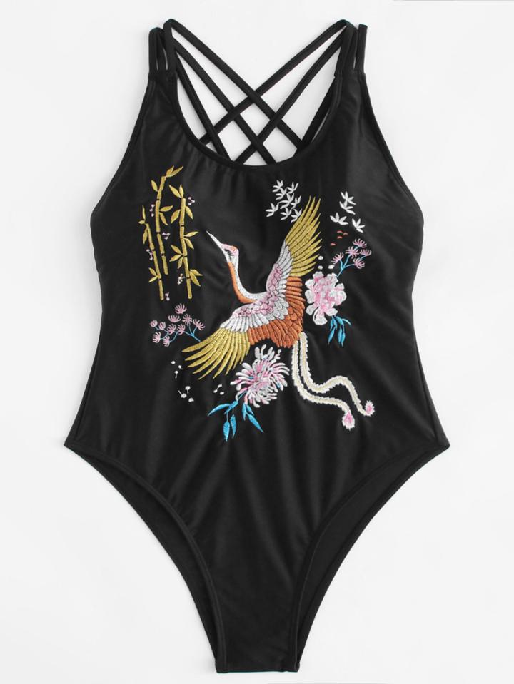 Shein Bird Embroidered Criss Cross Back Swimsuit