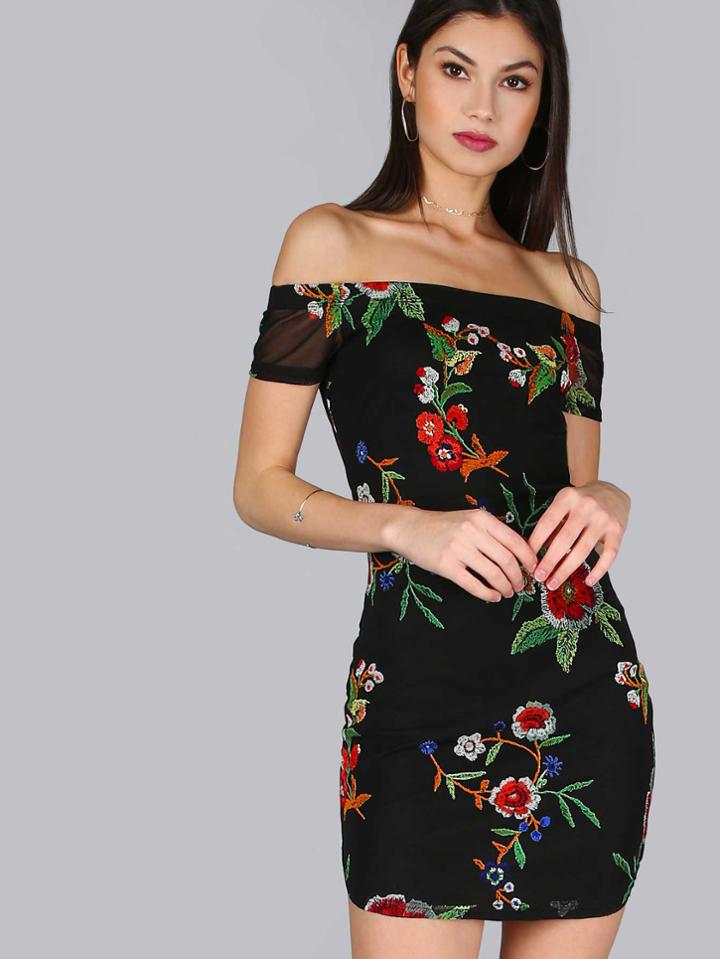 Shein Bardot Mesh Panel Florals Dress