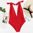 Shein Plus Deep V Neck Knot Swimsuit