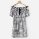 Shein Frill Trim Lace Up Gingham Dress