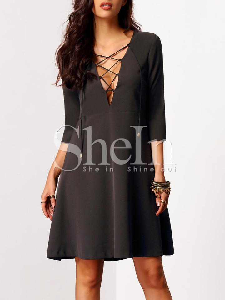 Shein Black Deep V-neck Lace Up Dress