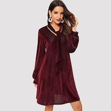 Shein Tie Neck Bishop Sleeve Velvet Dress