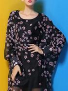 Shein Black Sheer Batwing Floral Baggy Dress