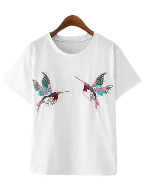 Shein White Bird Sequined Short Sleeve T-shirt