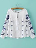 Shein White Tie Neck Embroidery Hollow Blouse
