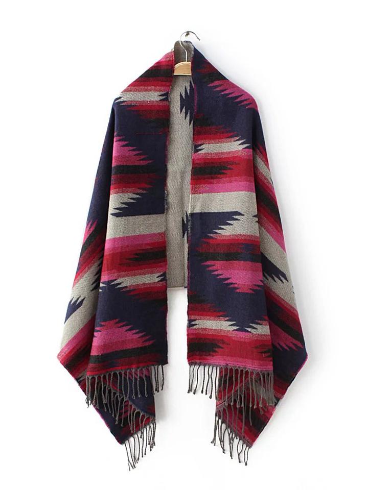 Shein Hot Pink And Navy Geometric Print Fringe Shawl Scarf
